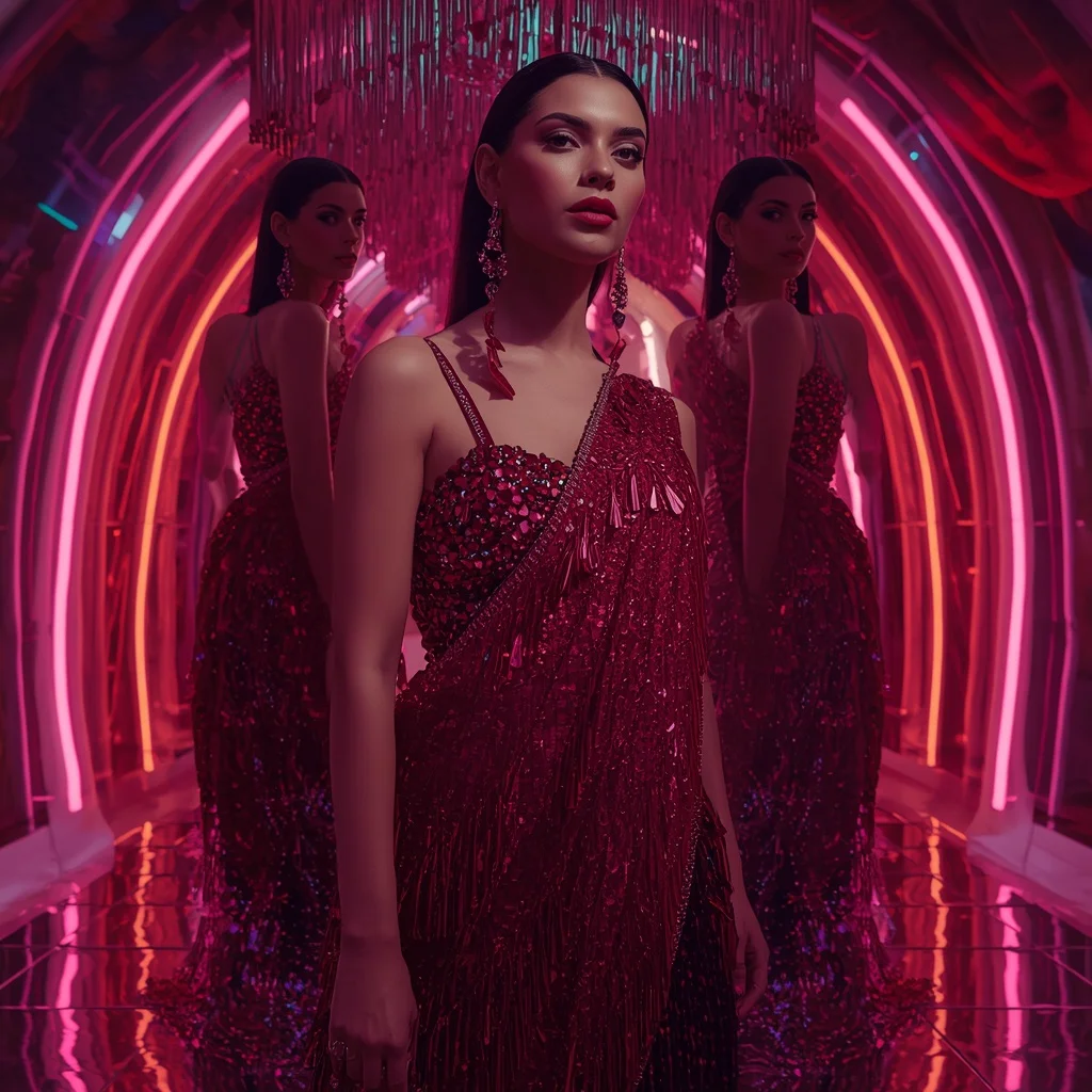 Ruby Mirage Crystal Saree with Floating Neon Dome | Art Ai Prompt