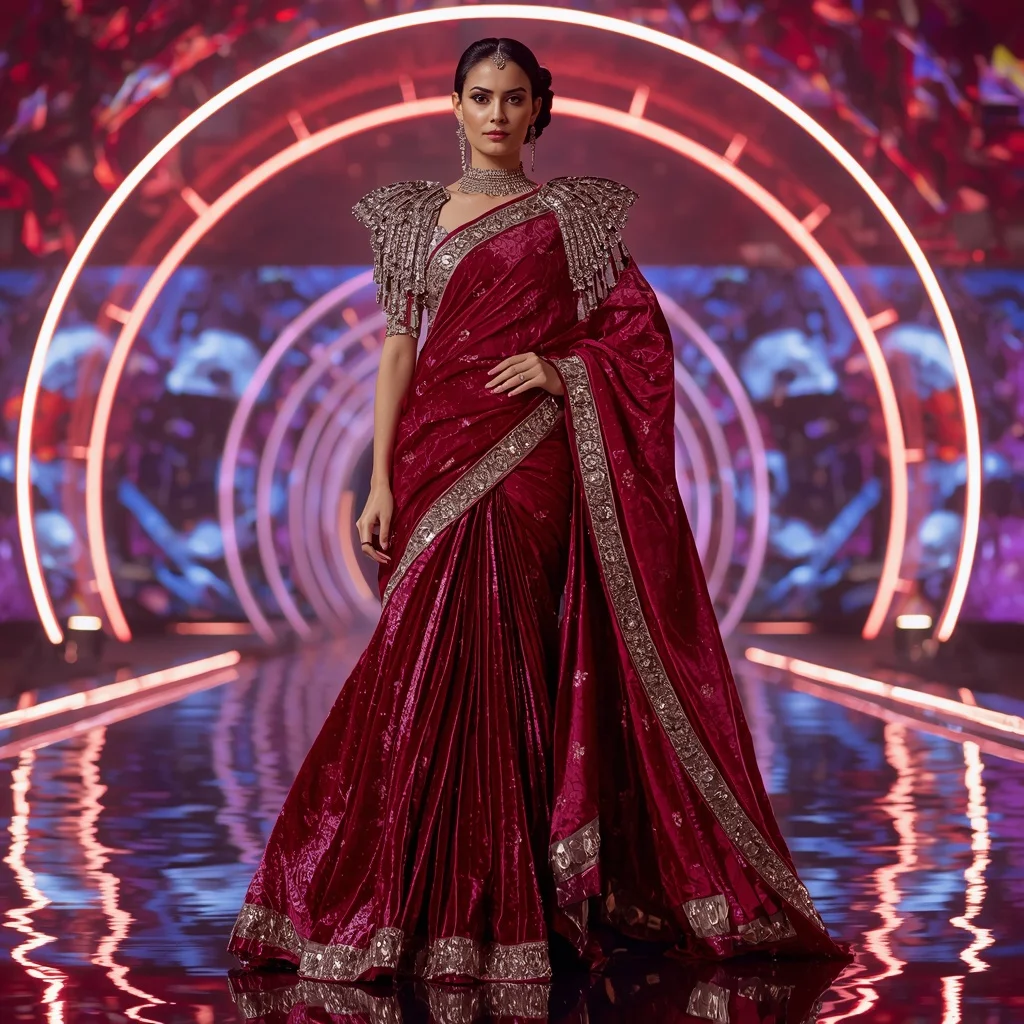 Ruby Velvet Galaxy Saree with Infinity Dome Empire | Ai Gemini Prompt