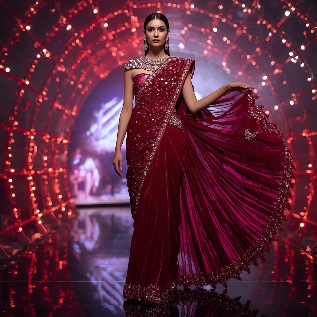 Ruby Velvet Galaxy Saree with Infinity Dome Kingdom | Ideogram Ai Prompt