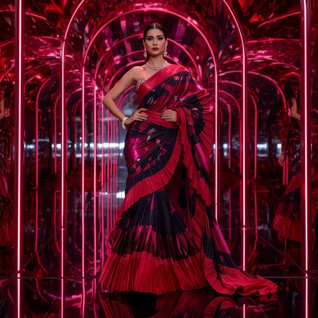 Ruby Voltage Quantum Saree with Mirror Sphere Galaxy Corridor | Instagram Carousel Ai Prompt
