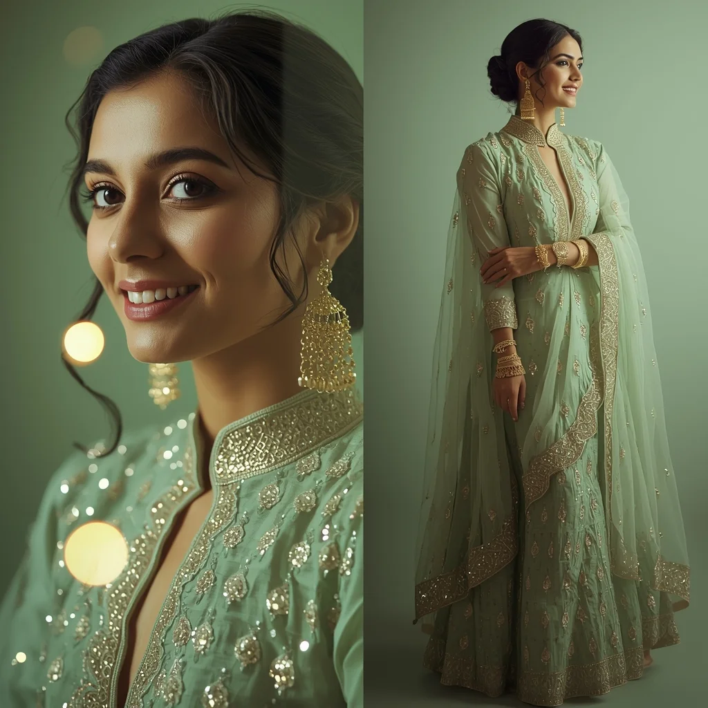 Sage Green Anarkali Indian Woman Premium Composition | Prompt Ai