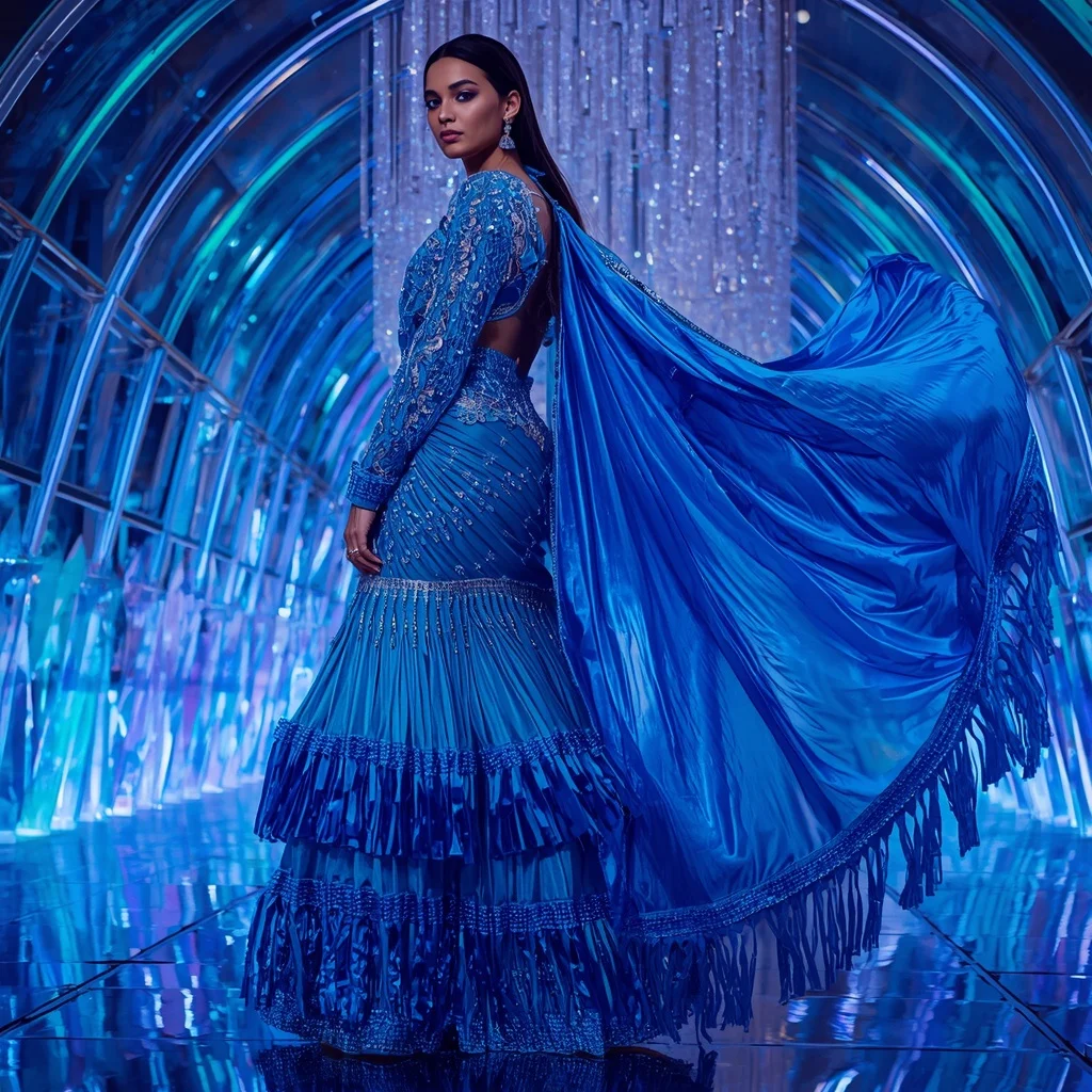 Sapphire Aurora Galaxy Saree with Infinity Neon Sanctuary | 4k Ai Prompt