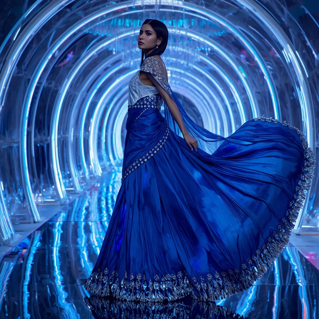 Sapphire Aurora Galaxy Saree with Infinity Neon Sanctuary | Instagram Influencer Ai Prompt