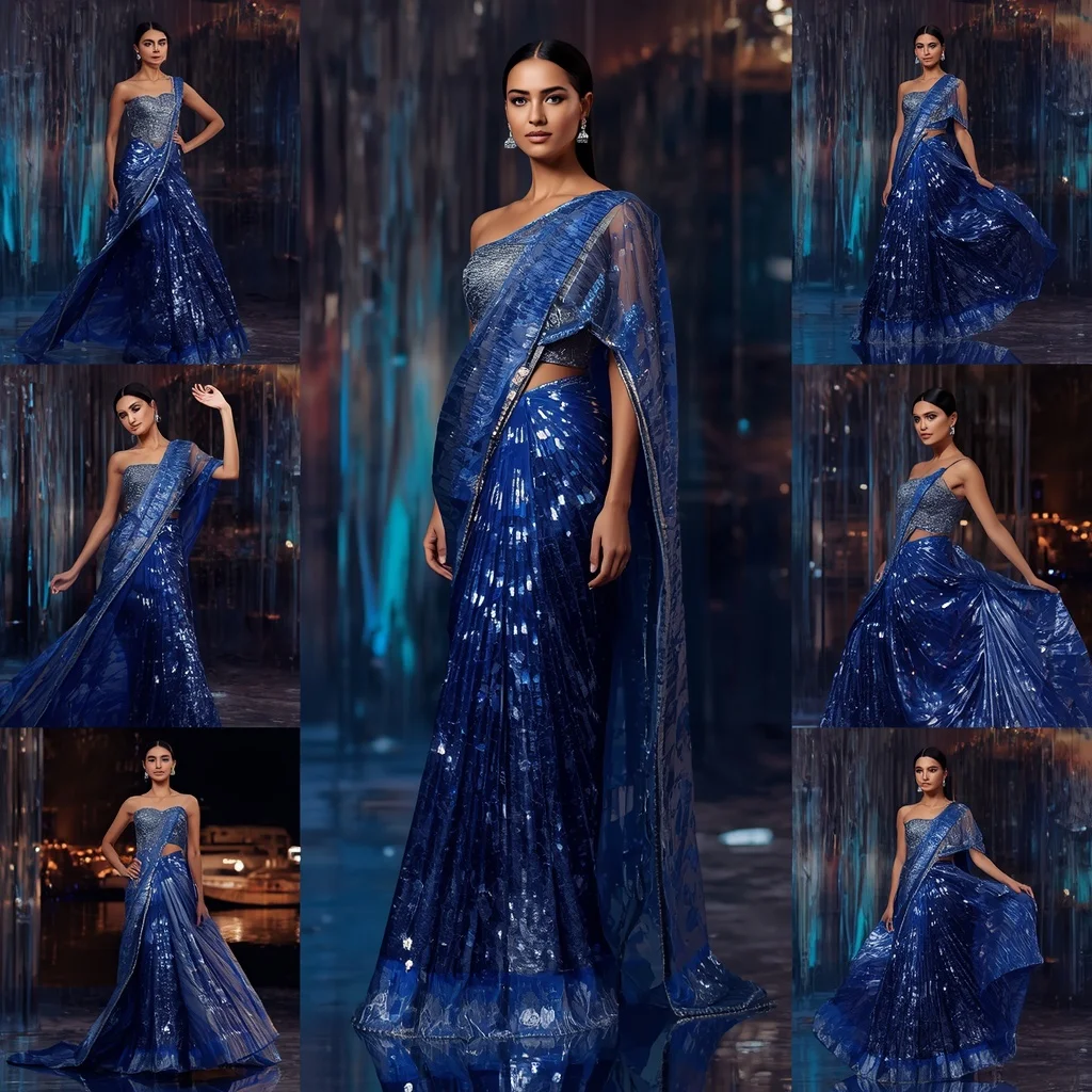 Sapphire Eclipse Festival Saree with Floating Infinity Crystal Marina | Instagram Highlight Cover Ai Prompt
