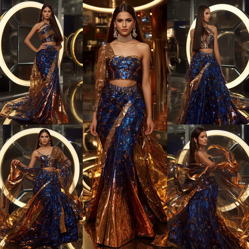 Sapphire Flame Empress Saree with Infinite Light Rings | Google Prompt