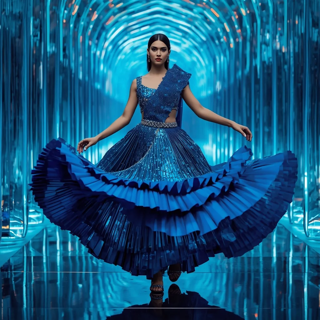 Sapphire Frost Mirage Saree with Infinity Prism Ice Corridor | Gemini Photo Editing Prompt