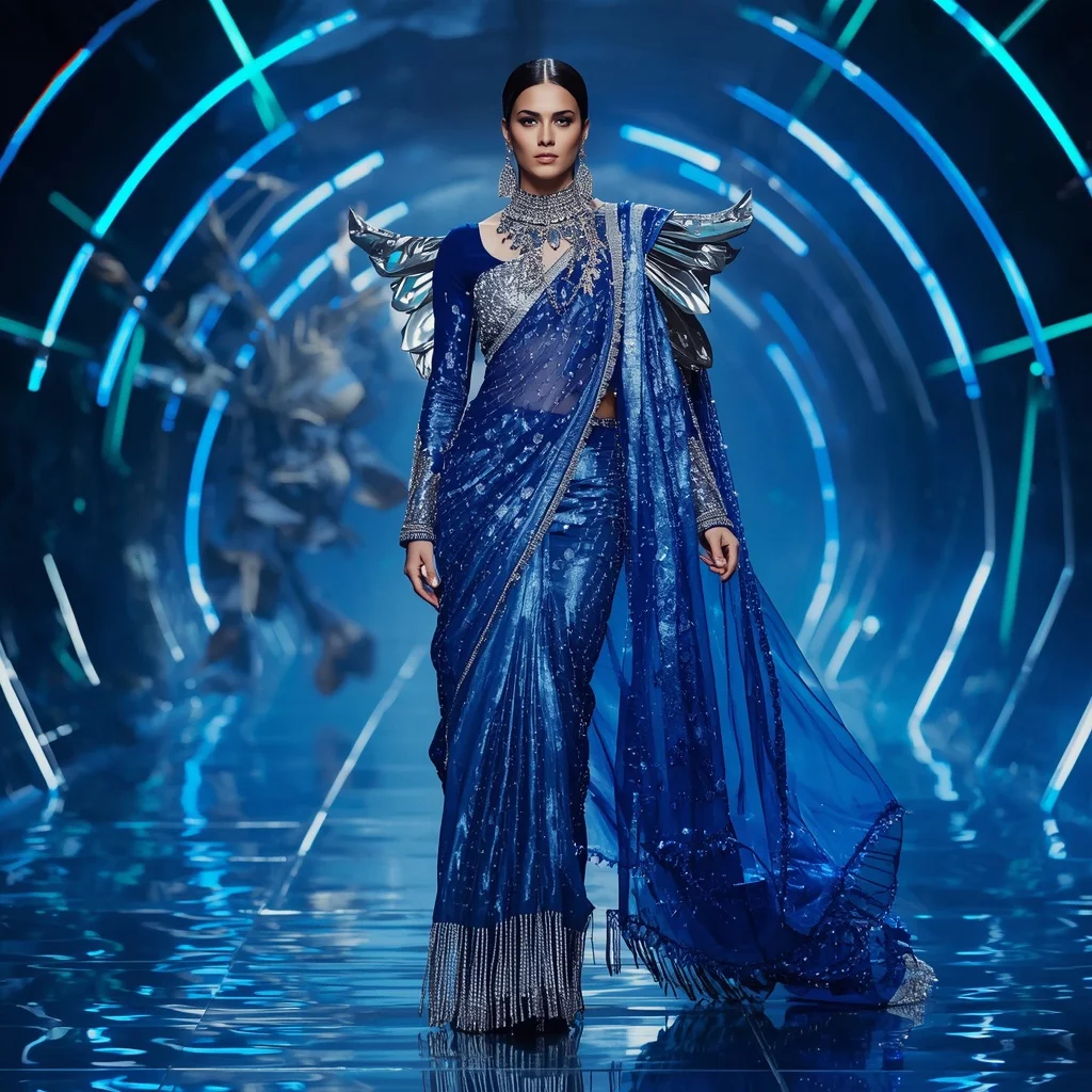 Sapphire Galaxy Armor Saree with Floating Laser Corridors | Gemini Traditional Saree Prompt