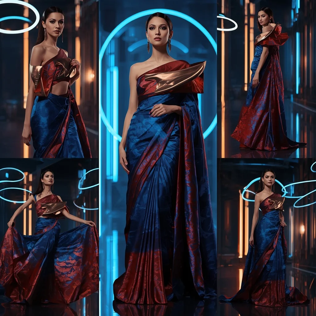 Sapphire Galaxy Flame Saree with Floating Neon Rings | Fashion Ai Prompt