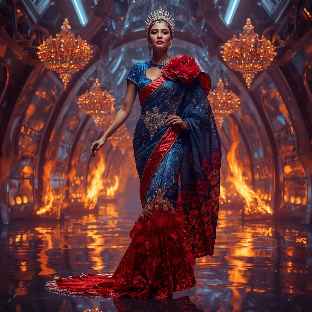 Sapphire Inferno Imperial Saree with Crystal Flame Crown Monarchy | Ai Image Prompt
