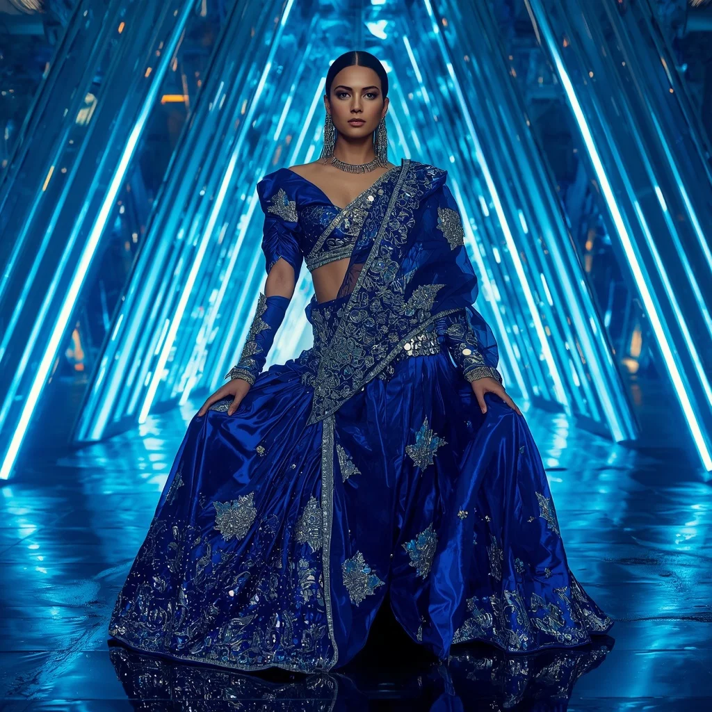 Sapphire Mirage Armor Saree with Neon Blade Cathedral | Copy Paste Ai Prompts