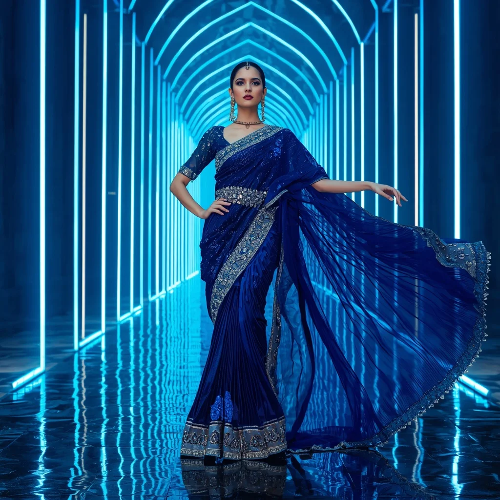 Sapphire Mirage Royale Saree with Neon Infinity Cathedral | Profile Picture Ai Prompt