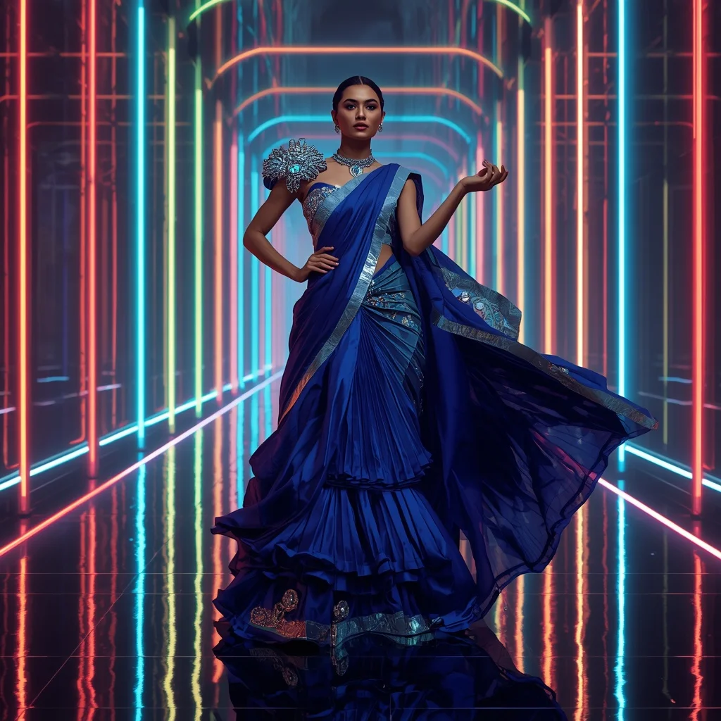 Sapphire Storm Designer Saree with Infinity Neon Chamber | Saree Selfie Ai Prompt