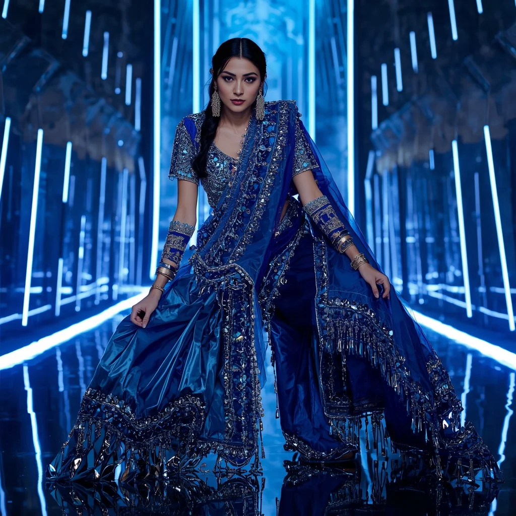 Sapphire Thunder Armor Saree with Neon Blade Palace | Traditional Lehenga Girl Prompt