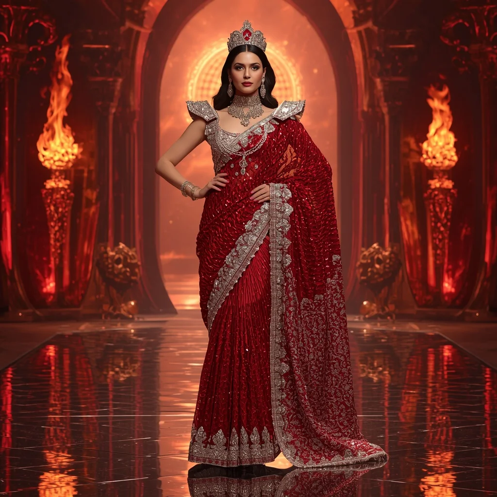 Scarlet Diamond Crown Saree with Solar Infinity Celestial Empire | Prompt For Gemini Ai Saree Look Couple