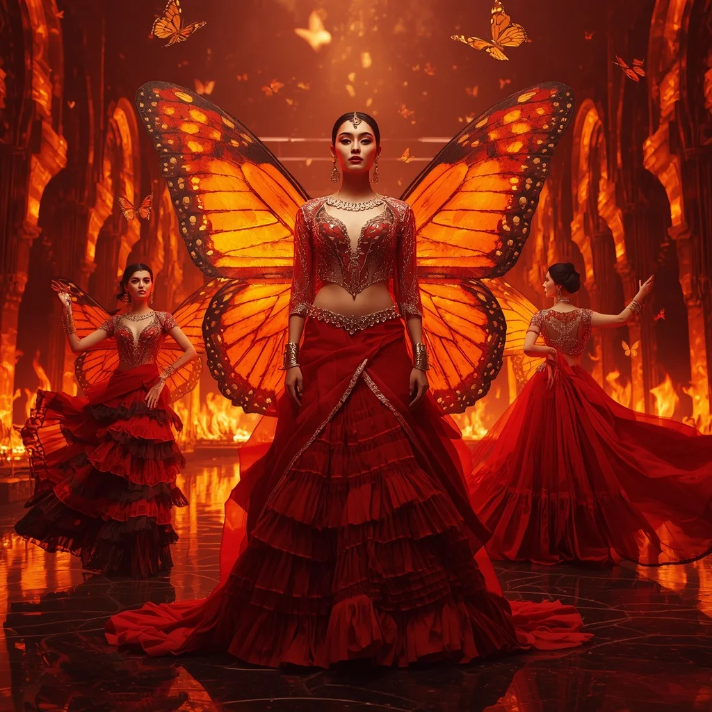 Scarlet Fire Butterfly Saree with Multi Pose Inferno Palace Background | Leonardo Ai Image Prompt