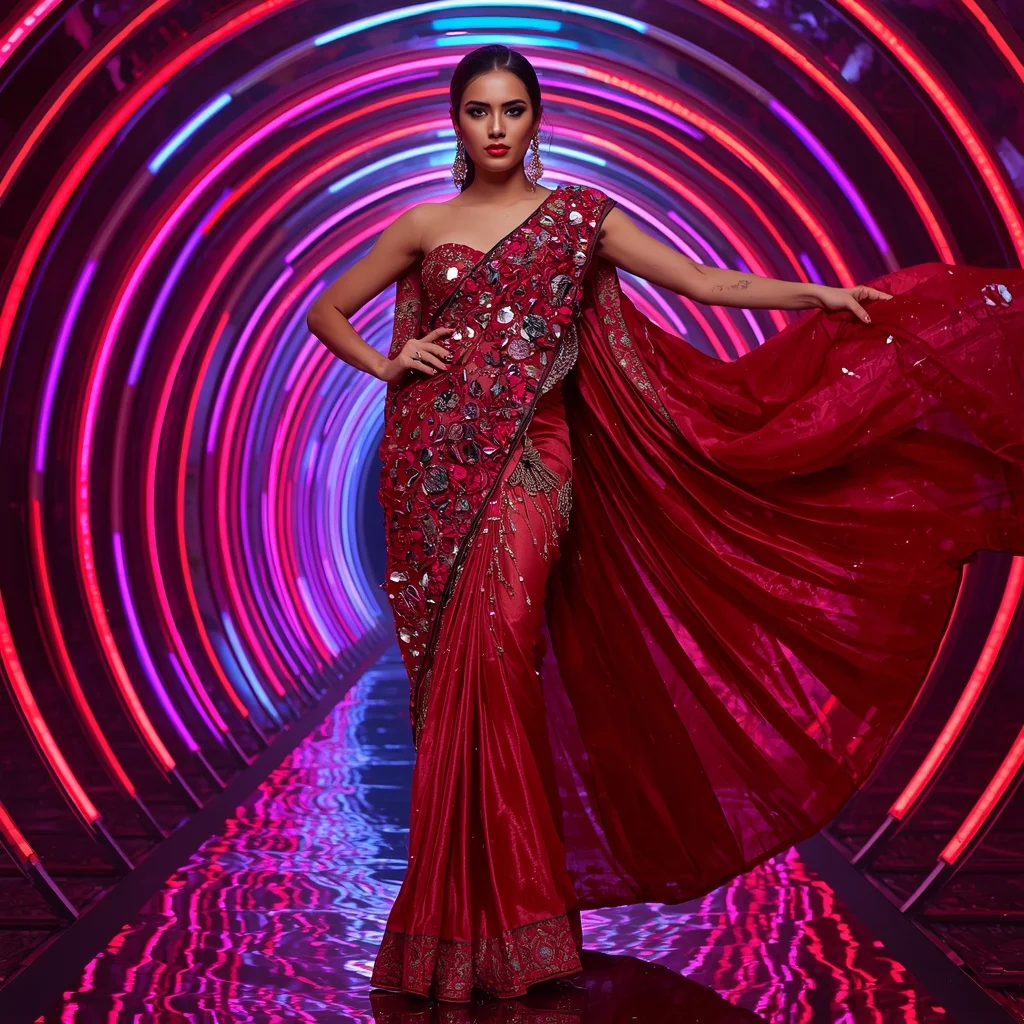 Scarlet Nebula Prism Saree with RGB Spiral Hall | Saree Reel Ai Prompt