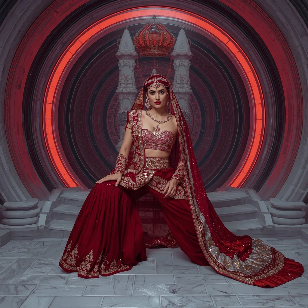 Scarlet Velvet Flame Saree with Frozen Crown Infinity Citadel | Leonardo Ai Image Prompt