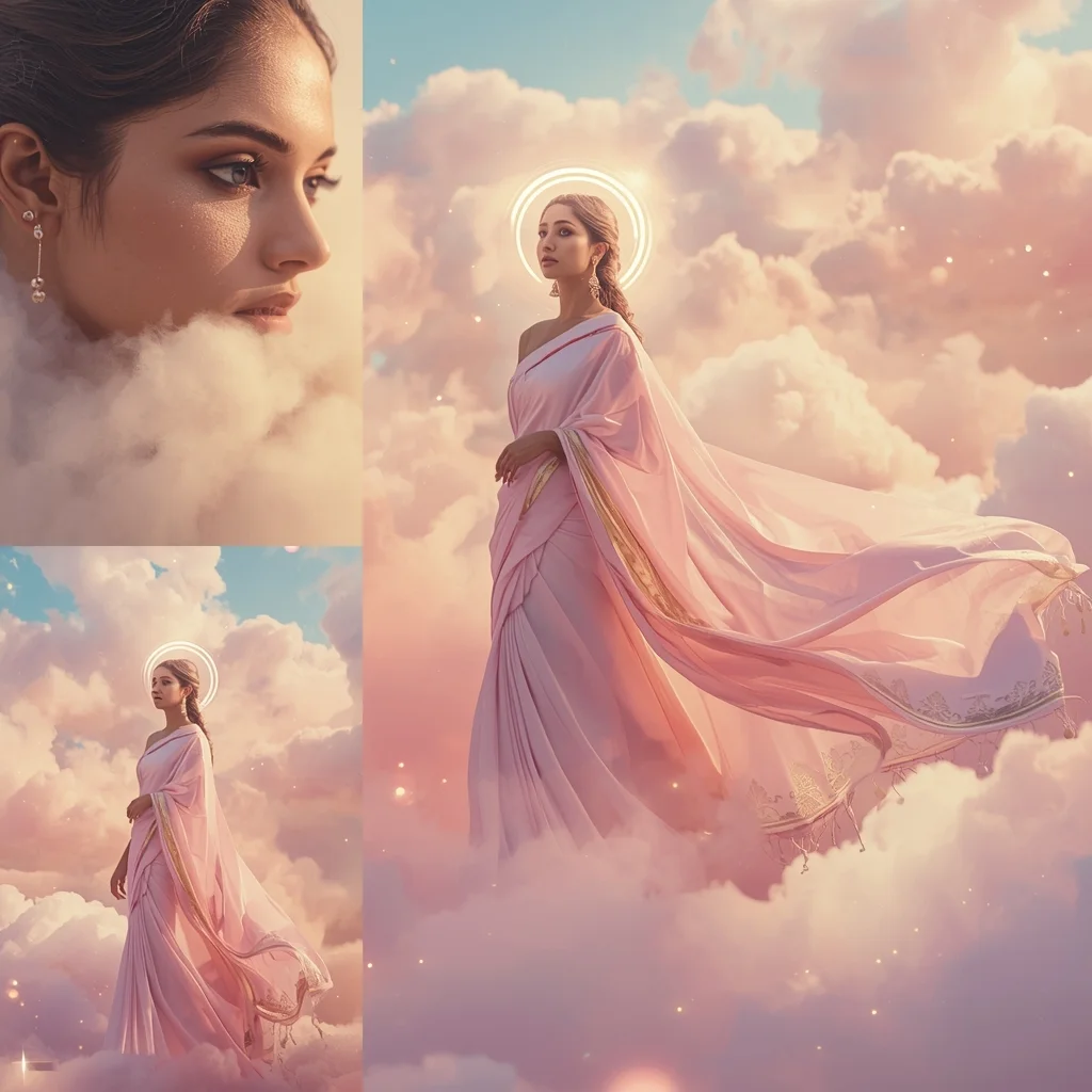Silk Cloud Fantasy Pastel Saree Dreamy Luxury Collage | Desi Saree Ai Prompt