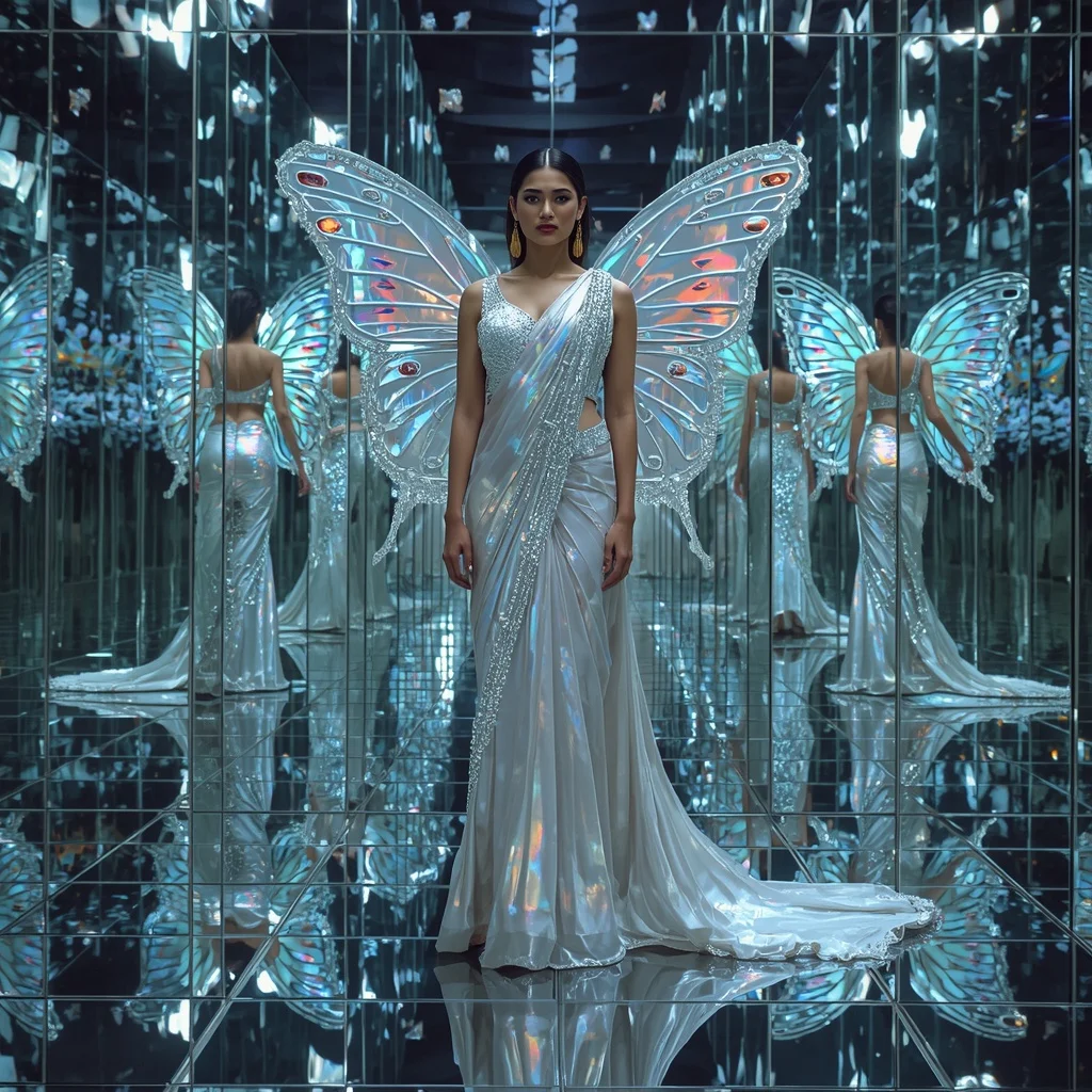 Silver Holographic Butterfly Saree with Multi Pose Infinity Hall Background | Ai Image Prompt