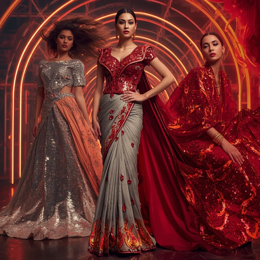 Silver Inferno Majesty Saree with Curved Neon Palace | Prompt Gemini Ai