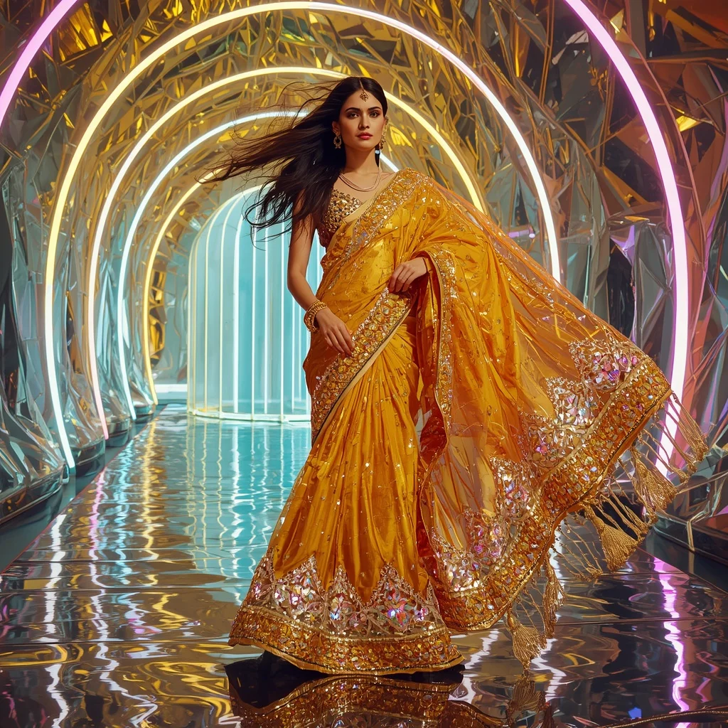 Solar Prism Maharani Saree with Floating Crystal Citadel | Ideogram Ai Prompt For Girl