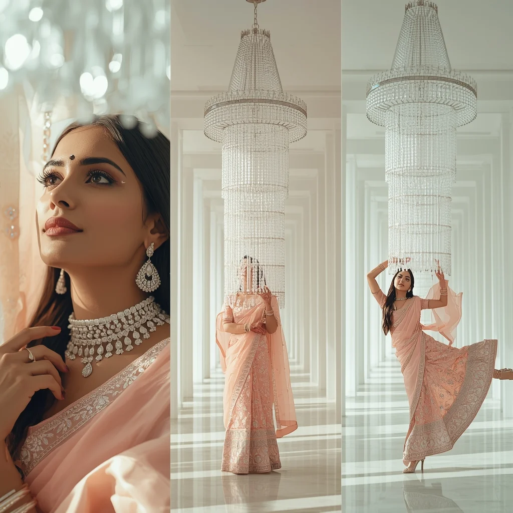 Sunlit White Crystal Chandelier Luxury Saree Portrait Storyboard Aesthetic | Cinematic Saree Ai Prompt