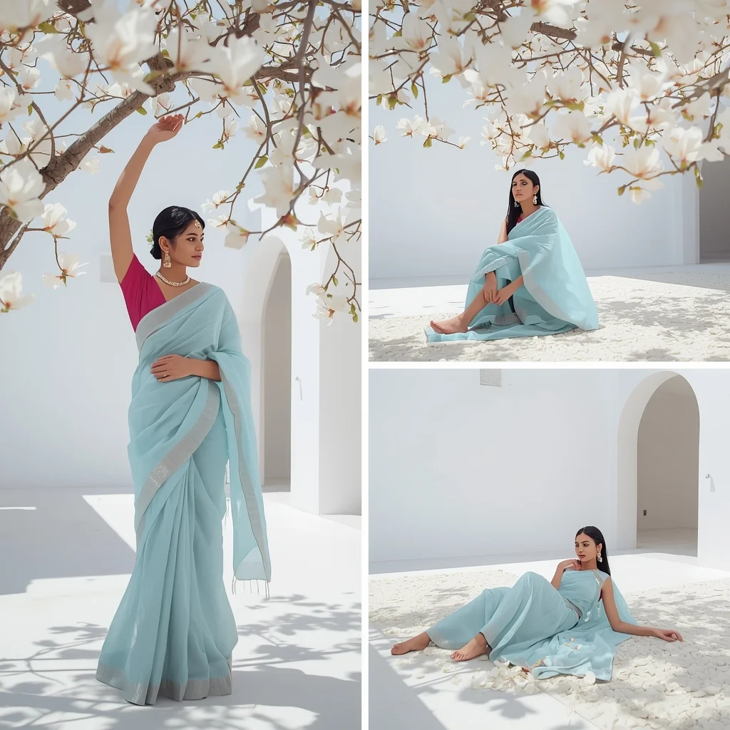 Sunlit White Magnolia Blossom Ethereal Saree Fashion Triptych Layout | Saree Trending Ai Prompt