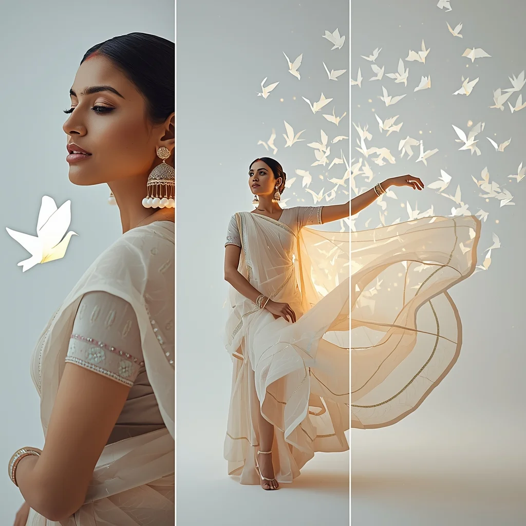 Swirling Flock Of Glowing White Origami Paper Birds Saree Portrait Layout Design | Gemini Saree Prompt