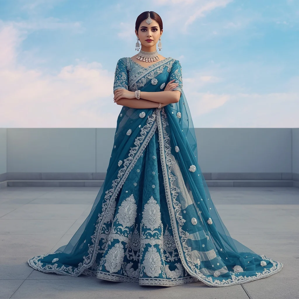 Teal and Silver Metallic Appliqué Heavy Saree Look | Instagram Model Ai Prompt