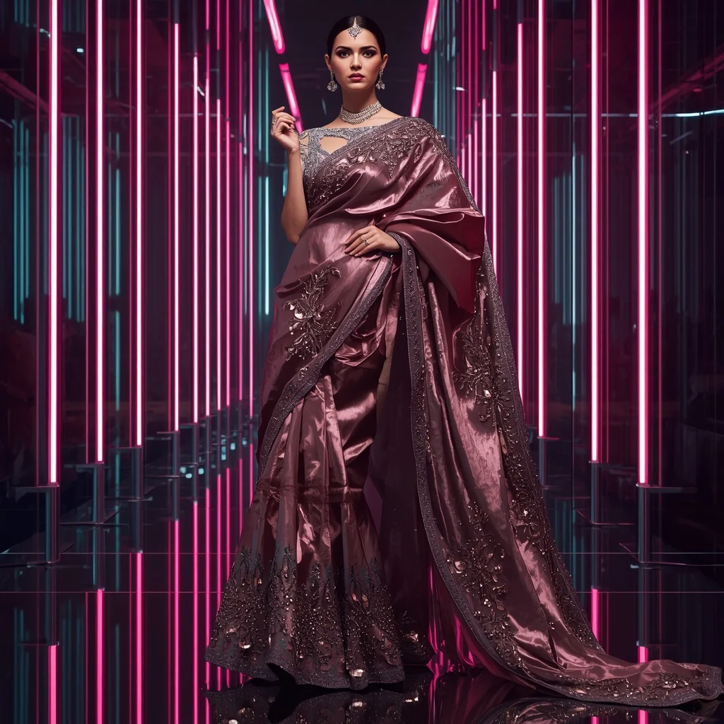 Titanium Rose Saree with Neon Reflection Chamber | Saree Profile Pic Ai Prompt