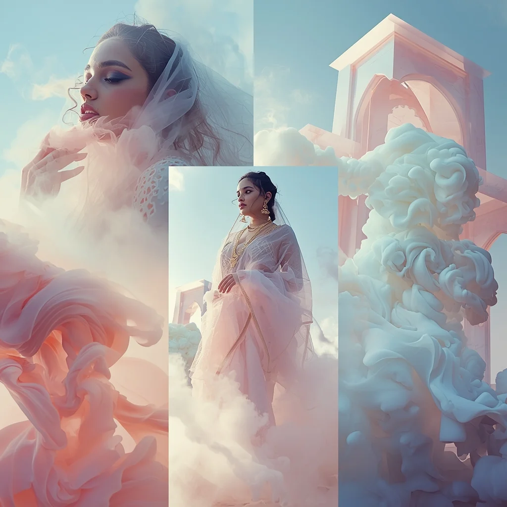 Traditional Indian Saree Aesthetic Enveloped By Flowing Liquid Pastel Clouds | Instagram Viral Photo Ai Prompt