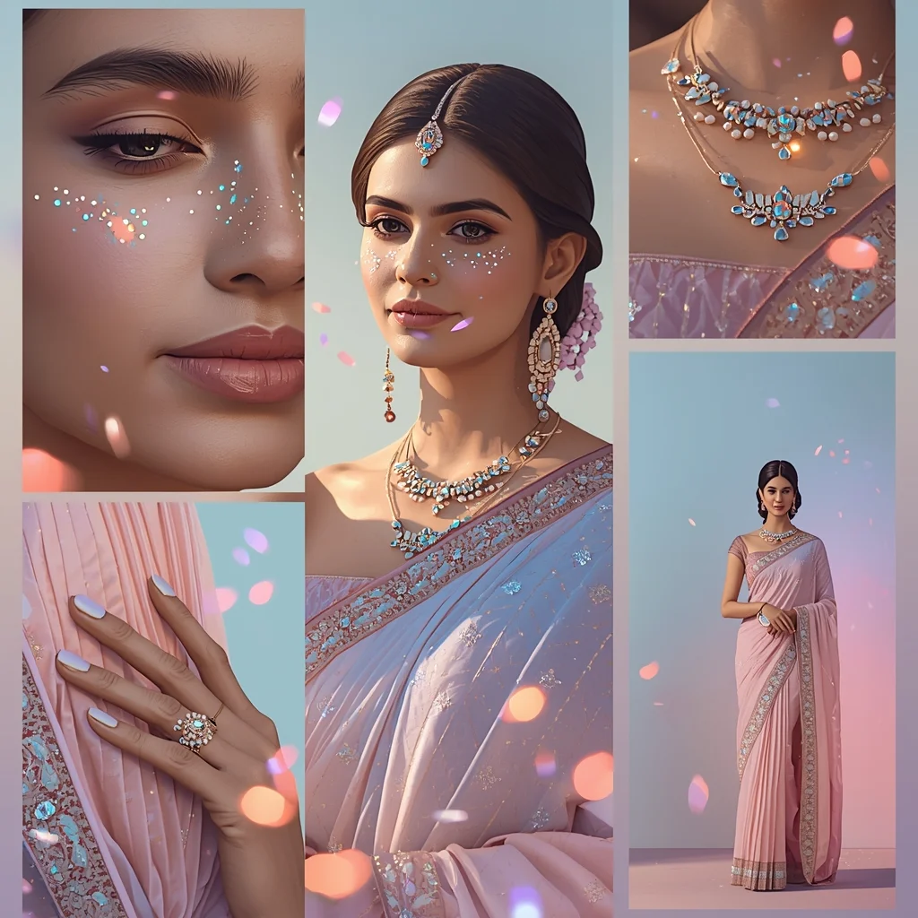Ultra Realistic Pastel Saree Gemstone Sparkle Glow - | Image Prompt | Saree Photoshoot Ai Prompt