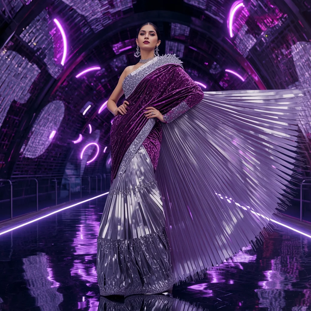 Velvet Cosmic Crystal Saree with Floating Infinity Lattice | Maharashtrian Navari Saree Prompt