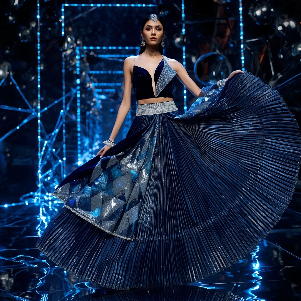 Velvet Crystal Infinity Saree with Floating LED Quantum Portals | Influencer Ai Prompt
