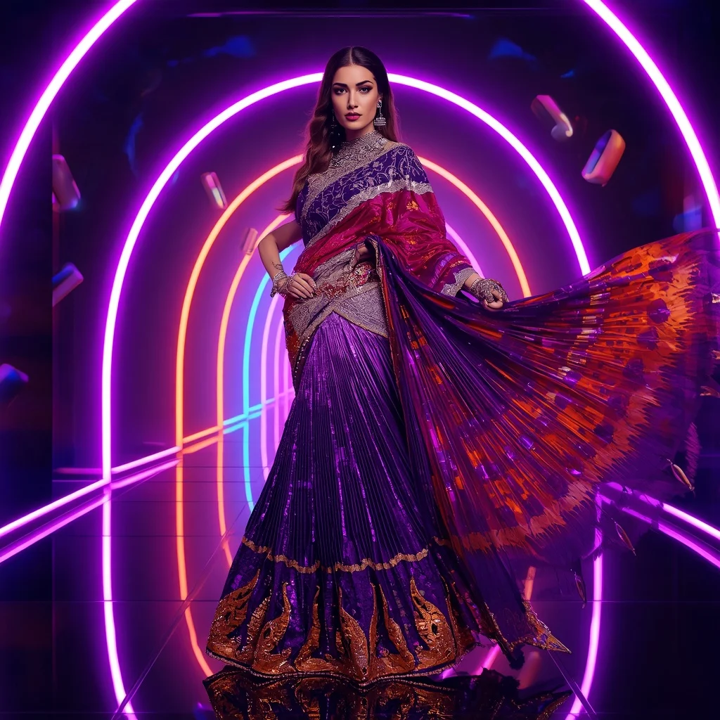 Violet Flame Couture Saree with Floating Neon Arches | Traditional Lehenga Girl Prompt