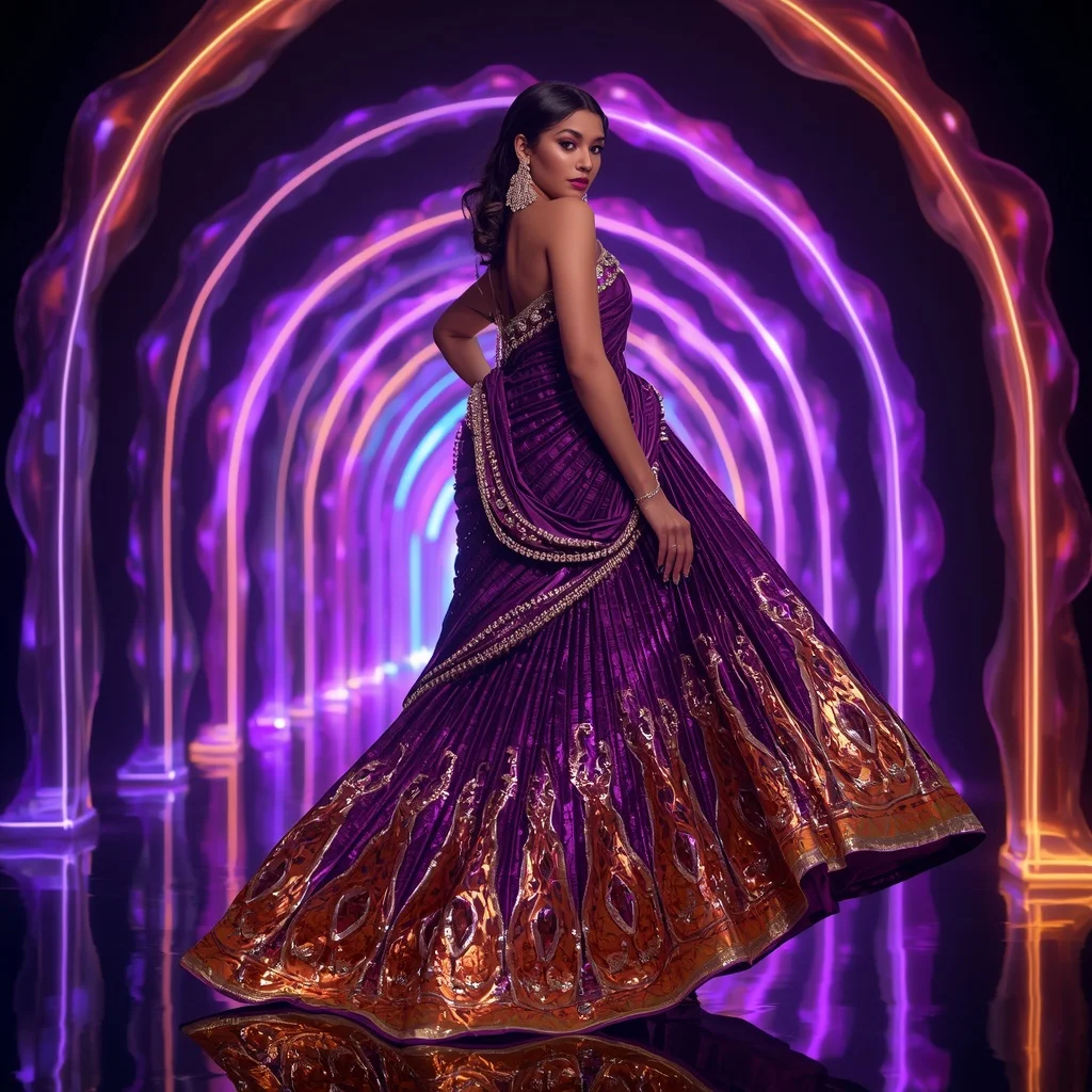 Violet Flame Mirror Saree with Floating Prism Arches | Best Ai Prompts 2026
