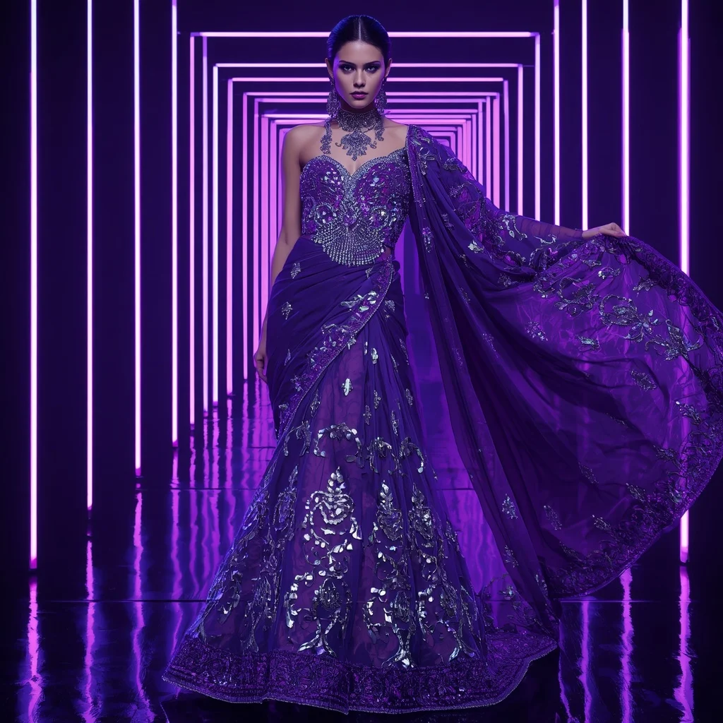 Violet Thunder Mirage Saree with Neon Infinity Corridor | Gemini Ai Prompt Saree Copy Paste