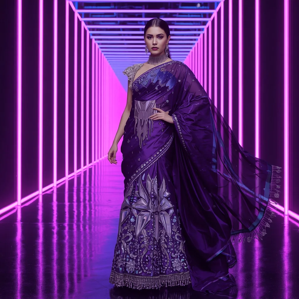 Violet Thunder Mirage Saree with Neon Infinity Kingdom | Fashion Ai Prompt