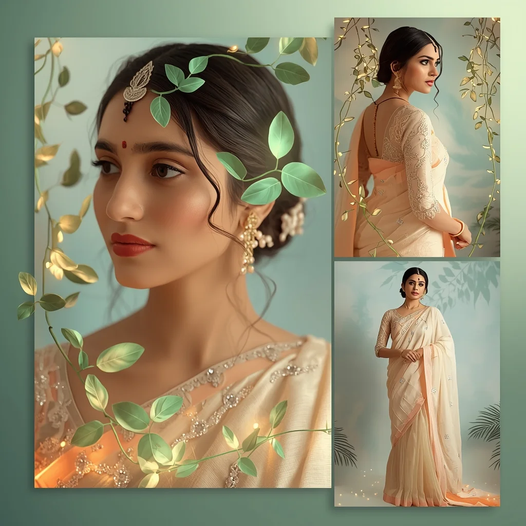 Viral Botanical Pastel Saree Ivy Vine Glow - | Image Prompt | Saree Girl Ai Prompt