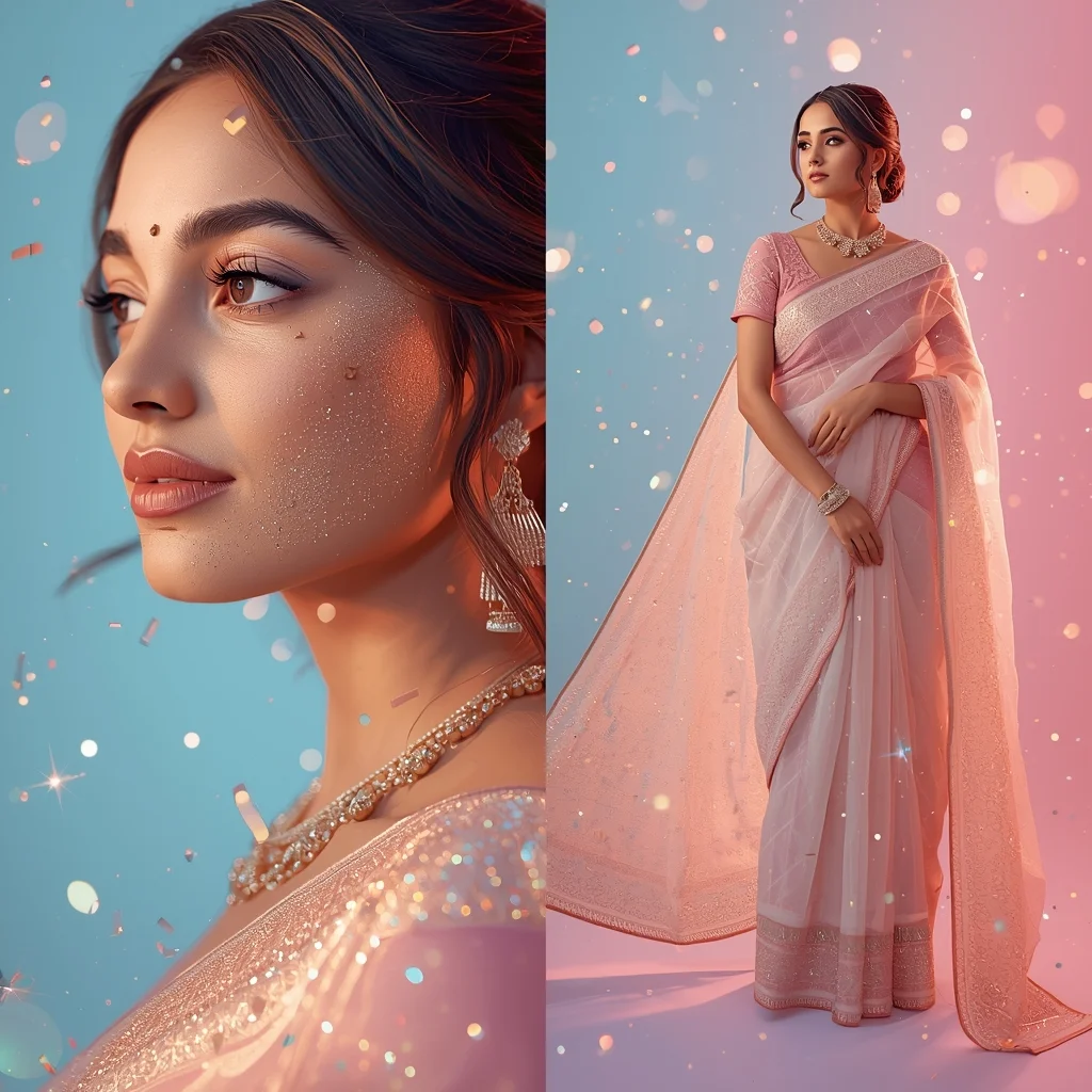 Viral Luxury Pastel Saree Glitter Dust Glow - | Image Prompt | Traditional Saree Ai Prompt